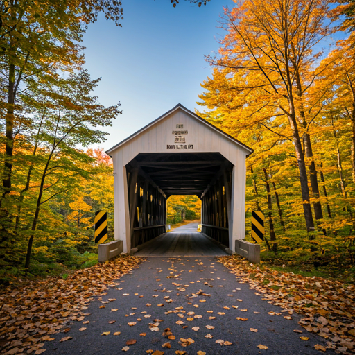 Sunday River Covered Bridge in Maine surrounded by lush autumn foliage with soft golden hour light